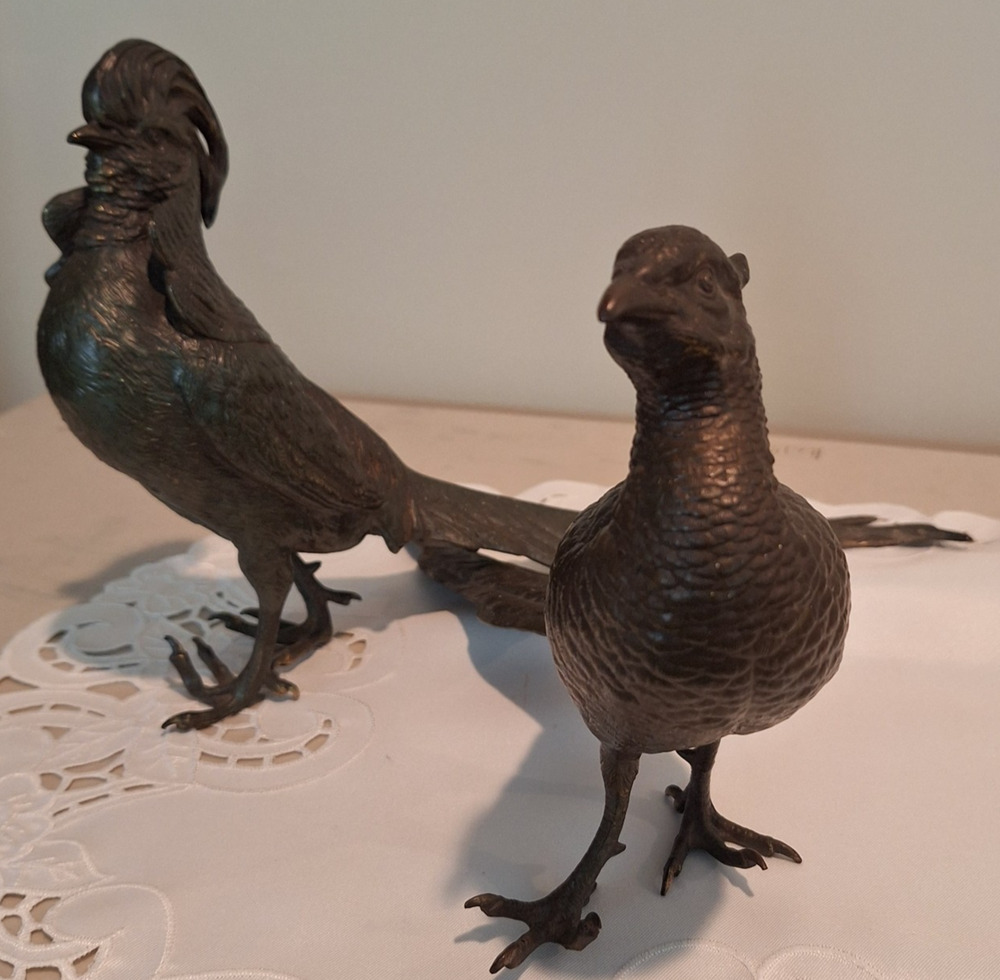 Antique Jennings Brothers Pheasant Pair Figurines JB 2482 B2483 Bronze Patina